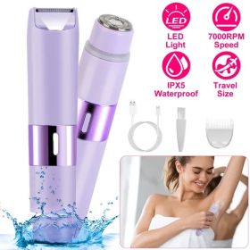2 In 1 Bikini Trimmer For Women Dual Head Cordless Body Shaver IPX5 Waterproof Rechargeable Pubic Hair Razor Wet And Dry Use For Bikini Underarm Leg A (Option: Purple)